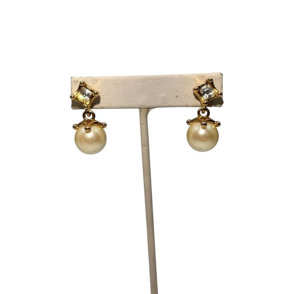 Vintage Signed Swarovski Gold Tone Crystal Faux Pearl‎ Drop Pierced Earrings